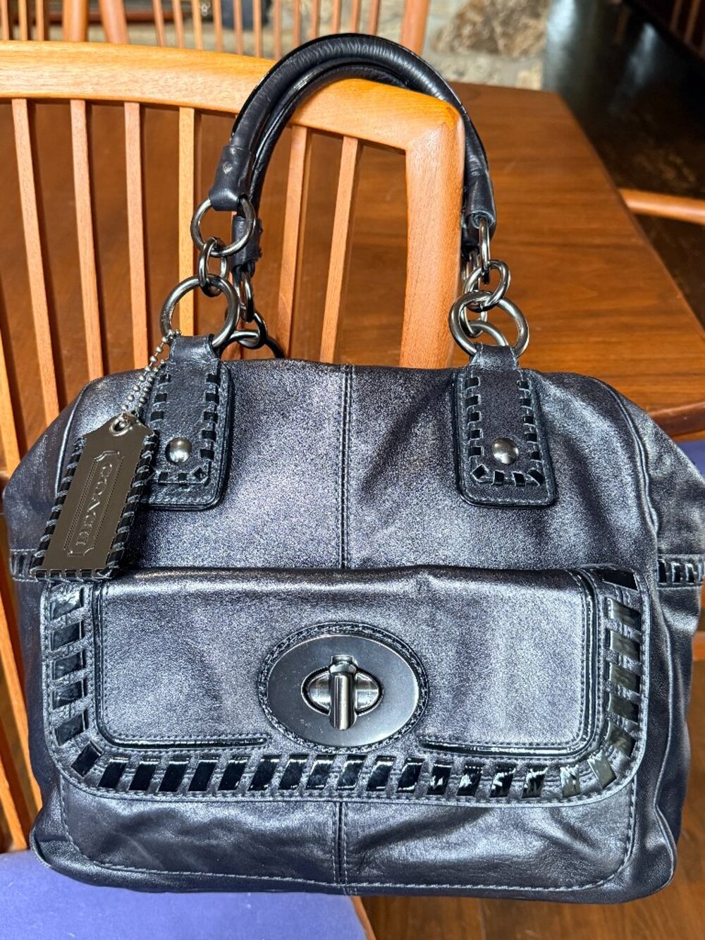 COACH Limited Edition Whipstitch Black Leather Satchel Kisslock 15994